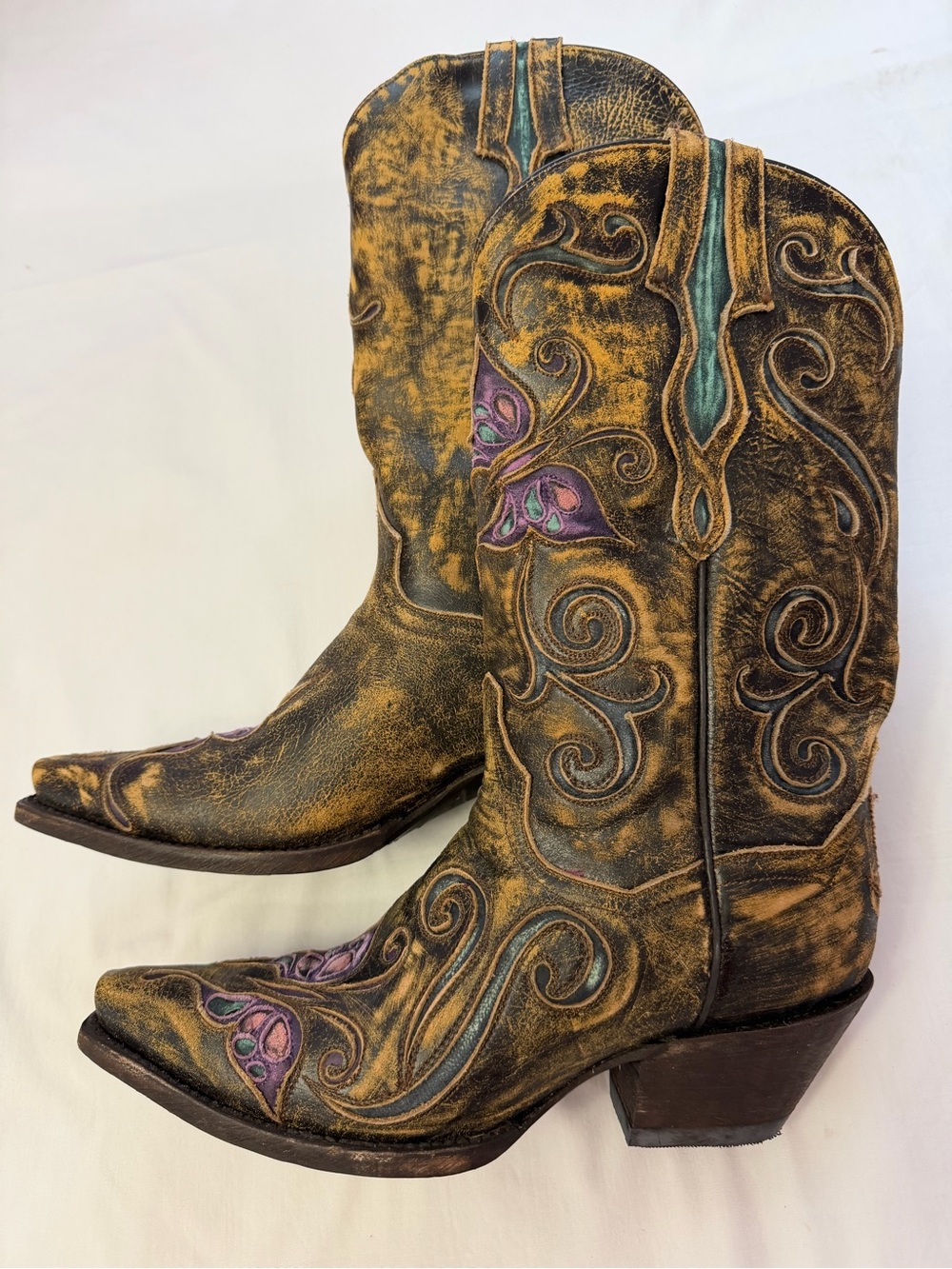 Dan Post Women’s Leather Western Boots Teal & Purple Accents Size 8 Like new